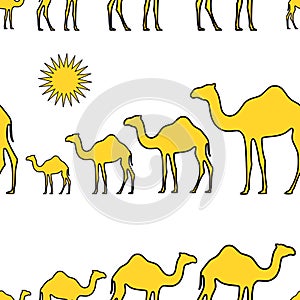 Yellow camels caravan and sun over white background pattern.