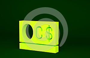 Yellow Canadian dollar currency symbol icon isolated on green background. Minimalism concept. 3d illustration 3D render