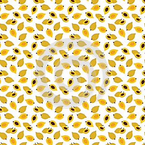 Yellow canistel, lucuma or egg fruit with seeds seamless pattern on white background