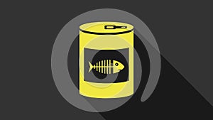 Yellow Canned food for cat icon isolated on grey background. Fish skeleton sign. Food for animals. Pet dog food can. 4K