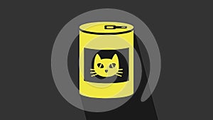 Yellow Canned food for cat icon isolated on grey background. Food for animals. Pet dog food can. 4K Video motion graphic