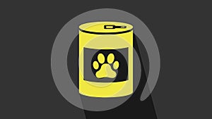 Yellow Canned food icon isolated on grey background. Food for animals. Pet food can. Dog or cat paw print. 4K Video