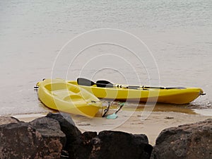 Yellow canoes on the beach