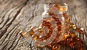 Yellow capcules of fish oil on wooden table background