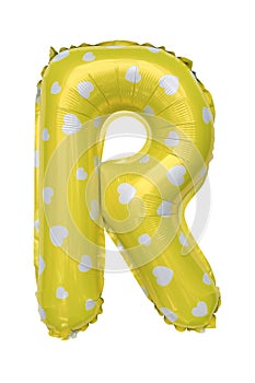 Yellow Capital R alphabet inflatable balloon isolated on white background. Decoration element for birthday party