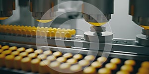 Yellow capsules are moving on conveyor at modern pharm, created with Generative AI technology