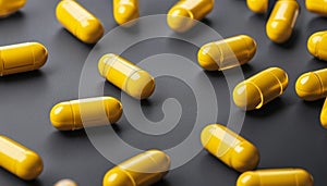 Yellow capsules with vitamins on the grey background.