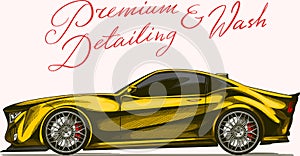 Yellow car. Auto detailing. Dry cleaning motor. Emblem or logo for Vehicle service or Automobile center. Hand drawn