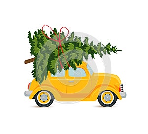 Yellow car with a Christmas tree, a postcard on a white background. Vector, flat style illustration