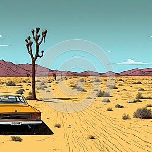 Yellow Car And Desert Trees: Detailed Comic Book Art In Daniel Clowes Style