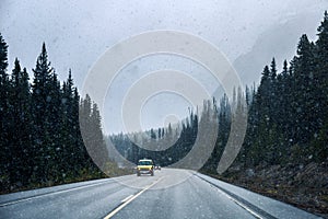 Yellow car driving in heavy snowfall on highway road in pine forest