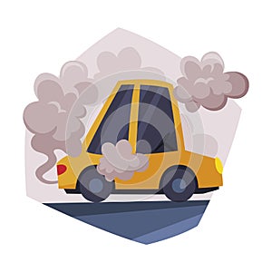 Yellow Car Emitting Dark Smoke, Ecological Problem, Environmental Pollution Vector Illustration