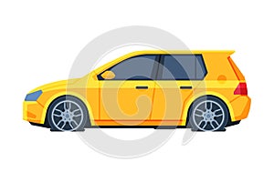 Yellow Car with Flat Tires, Side View, Road Accident Vector Illustration