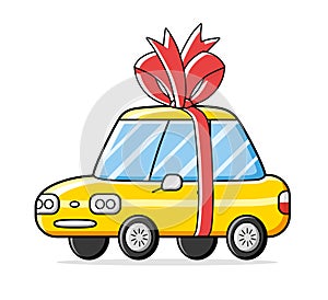 Yellow car gift with a red bow and ribbon