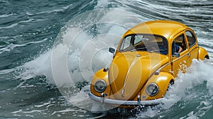 a yellow car with the hood open is driving through the water, Generative AI illustrations