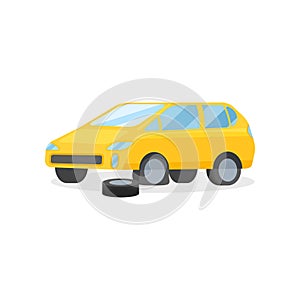 Yellow car with punctured tire. Flat vector element for advertising poster or flyer of automobile repair workshop