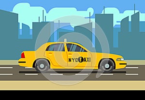 Yellow car taxi cab in cityscape vector illustration