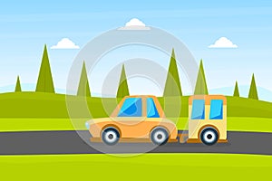 Yellow Car with Trailer on Summer Landscape Background Vector Illustration