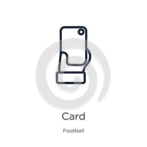 Yellow card icon. Thin linear yellow card outline icon isolated on white background from football collection. Line vector yellow