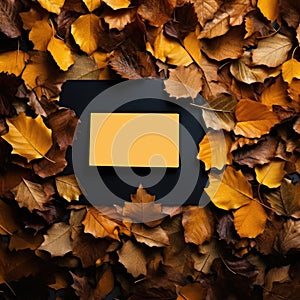 Yellow card surrounded by autumn leaves on a black background stock fotos e imagens de alta calidad en el mercado libre para usar photo