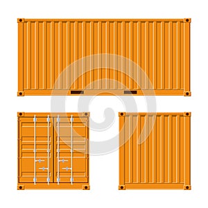 Yellow Cargo Container for shipping and sea export isolated on white background. Front, back and side view. Logistics