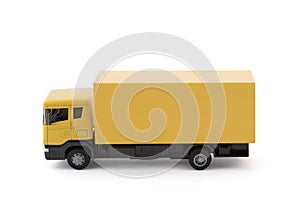 Yellow cargo delivery truck miniature isolated on white background