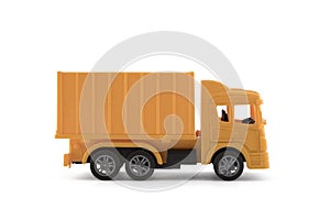 Yellow cargo delivery truck miniature isolated on white background