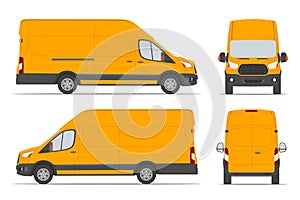 Yellow cargo van for delivery goods in differents view side, back, front. Vector illustration