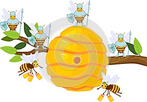 Yellow cartoon beehive on tree branch and bees