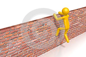 Yellow cartoon character getting over the wall - 3D illustration