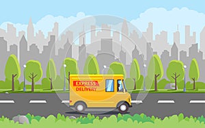 Yellow cartoon delivery van and city skyline at background.