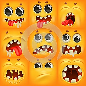 Yellow cartoon emoji characters square icons set in various emotions