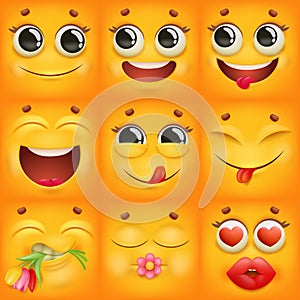 Yellow cartoon emoji characters square icons set in various emotions