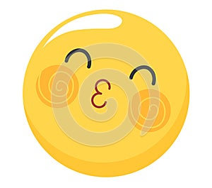 Yellow cartoon face with dizzy eyes and spirals design. Expression of confusion or dizziness. Disoriented emoticon