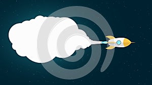 Yellow cartoon missile is flying in space. Space concept. White cloud of smoke. Empty banner for your text. Starry sky. Vector ill