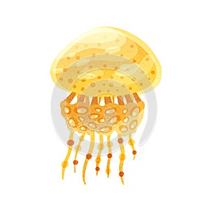 Yellow cartoon ocean dweller vector flat illustration. Colorful sea jelly creature with tentacles isolated on white photo