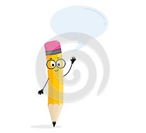 Yellow cartoon pencil character with blue speech bubble