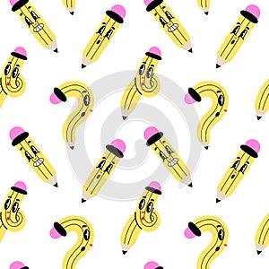 Yellow cartoon pencil seamless pattern. Twisted and in question form, funny faces with emotions, pink eraser. Knowledge and