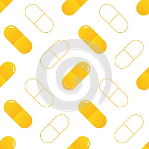 Yellow cartoon style pills, medications vector seamless pattern background for healthcare design