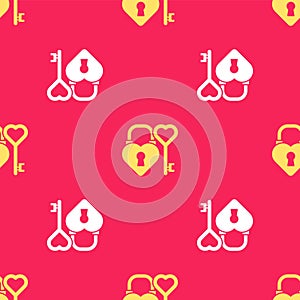 Yellow Castle in the shape of a heart and key in heart shape icon isolated seamless pattern on red background. Love