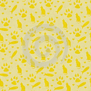 Yellow cat, paw prints, fish, and hearts seamless and repeat pattern background