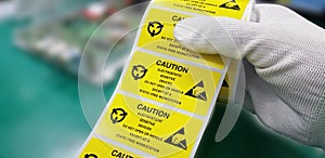 Yellow caution label in electronic industry,CAUTION Electrostatic Sensitive Device for handling in ESD workstation