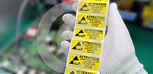 Yellow caution label in electronic industry,CAUTION Electrostatic Sensitive Device for handling in ESD workstation