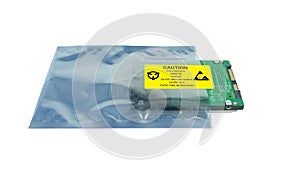 Yellow caution label stick on plastic bag,The yellow CAUTION label for Electrostatic Sensitive Devices ESD on static free photo