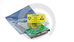 Yellow caution label stick on plastic bag,The yellow CAUTION label for Electrostatic Sensitive Devices ESD on static free