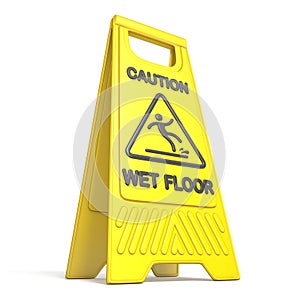 Yellow caution slippery wet floor sign 3D