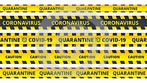 Yellow caution stripes. Quarantine coronavirus or COVID19 attention ribbons vector set