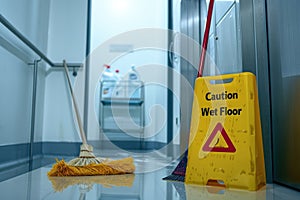 A yellow caution wet floor sign is on the floor.