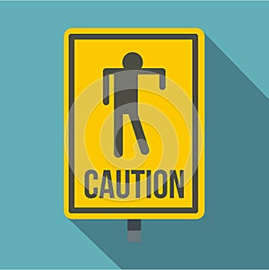 Yellow caution zombie sign icon, flat style