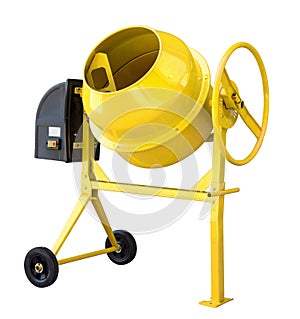 Yellow cement mixer isolated on white with clipping path included